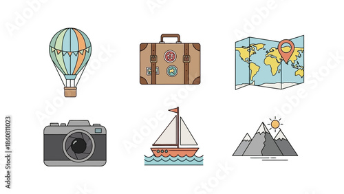 Collection of travel icons including a hot air balloon, suitcase, map, camera, sailboat, and
