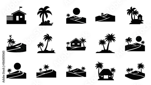 Collection of tropical island paradise icons and beach resort symbols featuring palm trees and