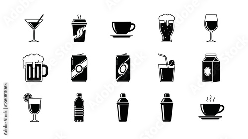 Collection of various beverage icons in a clean and modern vector art style