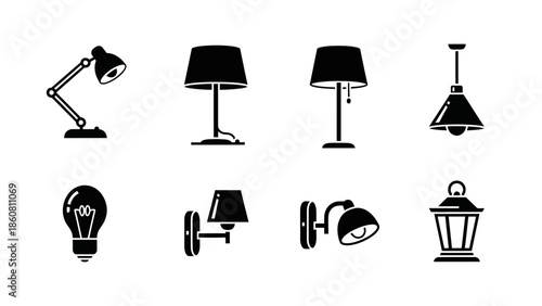 Collection of various lighting fixture icons including desk lamp pendant lamp and lantern