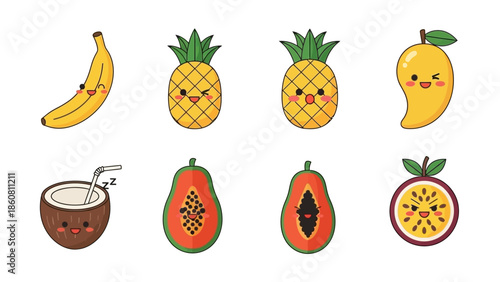 Cute Kawaii Fruit Characters Adorable Tropical Fruits With Smiling Faces