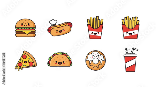 Cute Kawaii Fast Food Icons Collection With Happy Faces For Kids