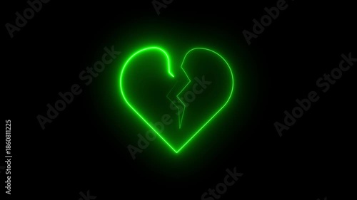 Neon Glowing Broken Heart Icon Animation on Black Background, Looping Love Loss Symbol, Emotional Sadness, Breakup, Relationship Pain Concept