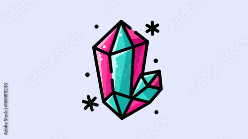 Vibrant Crystal Illustration with Pink and Teal Facets on Light Background.