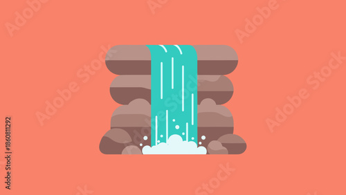 Stylized Waterfall Cascading Over Rocks in a Flat Design Illustration.
