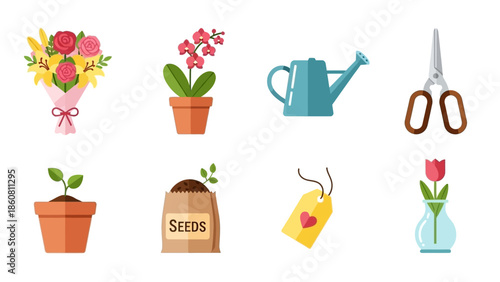 Gardening icons set with flowers plant pot watering can scissors seed bag and vase