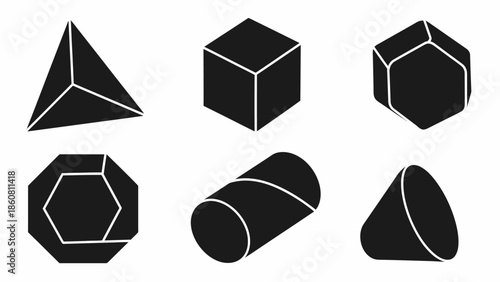 Geometric Shapes Icons A Collection of Black 3D Forms on a White Background