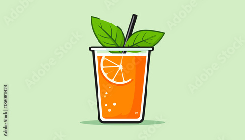 Refreshing Orange Juice in a Clear Cup with Mint and Straw.