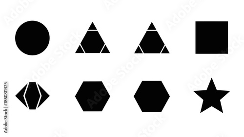 Geometric shapes set simple black icons circle triangle square hexagon star isolated