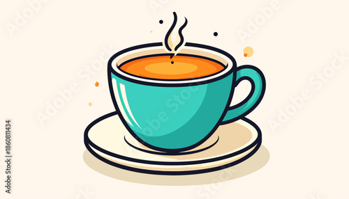 Illustration of a Teal Cup of Tea with Steam on a Saucer.