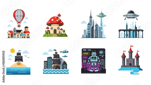 Imaginative illustrations featuring diverse scenes from fantasy to futuristic cities and more