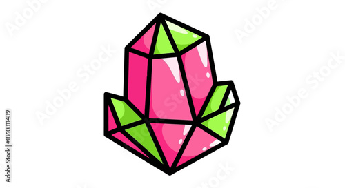 Stylized Pink and Green Crystal Formation with Black Outline.