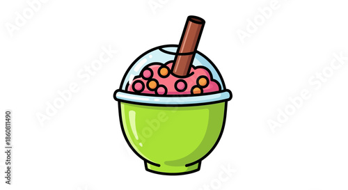 Cartoon Illustration of a Green Boba Tea with Pink Pearls.