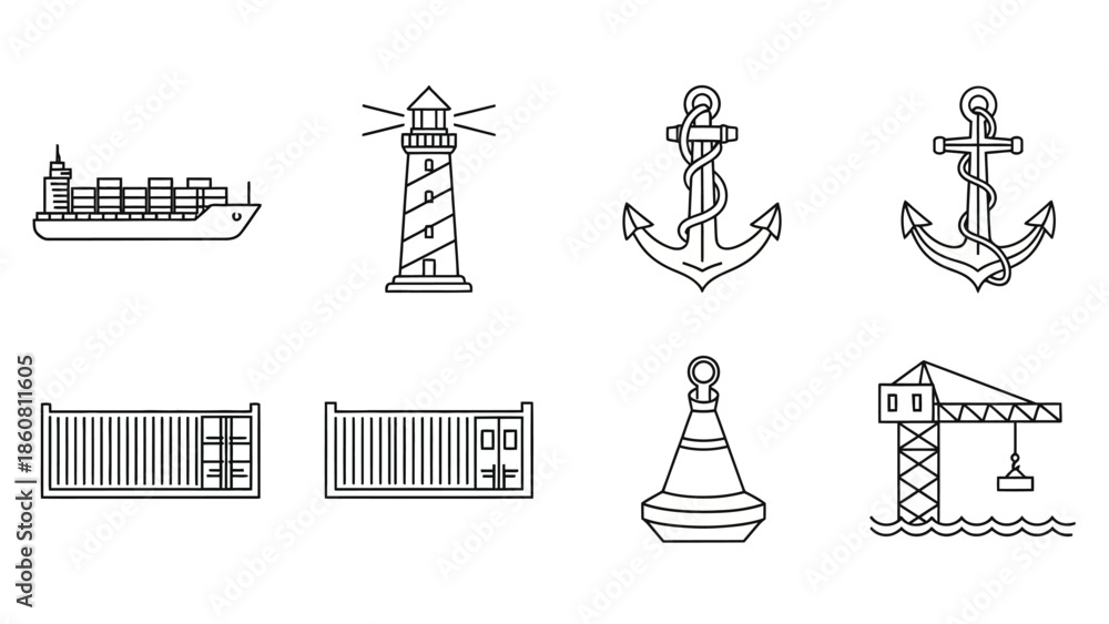 Fototapeta premium Nautical vector icons featuring a cargo ship, lighthouse, anchors, containers, buoy, and crane