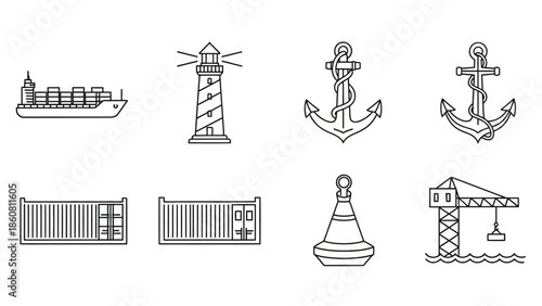 Nautical vector icons featuring a cargo ship, lighthouse, anchors, containers, buoy, and crane