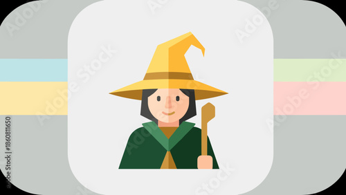 Illustration of a Wizard with Hat and Wand in Cartoon Style.