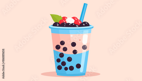 Colorful Bubble Tea Illustration with Toppings and Straw.