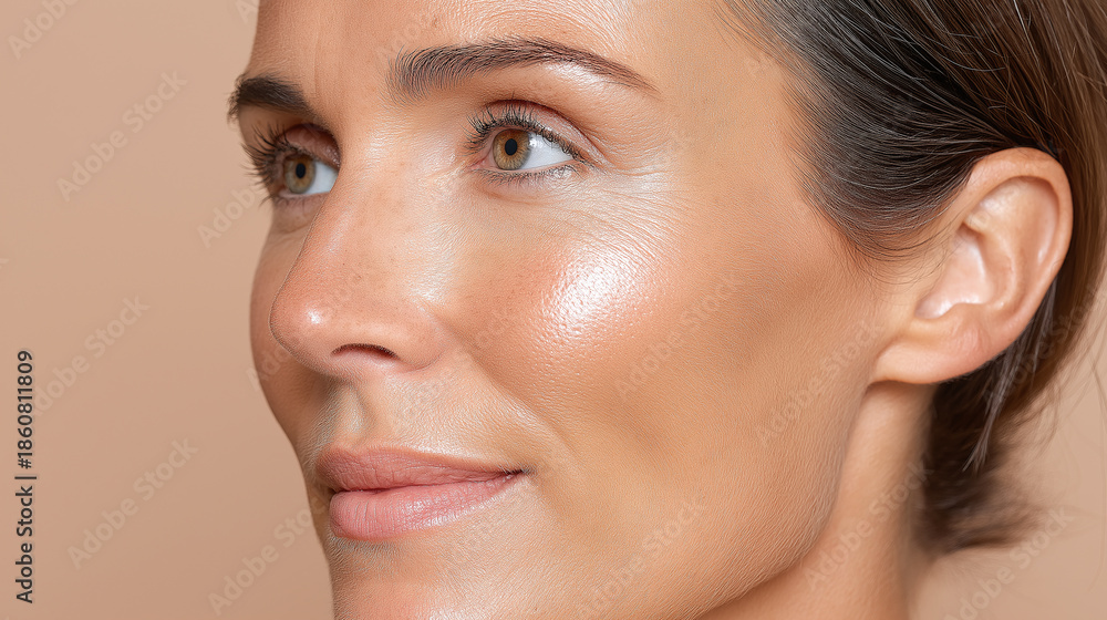 Obraz premium Oily glow reflections on nose and forehead with smooth skin texture and natural makeup on woman with brown hair and hazel eyes