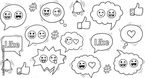 Playful Hand-Drawn Social Media Stickers with Multiple Emojis and Like Text Bubbles