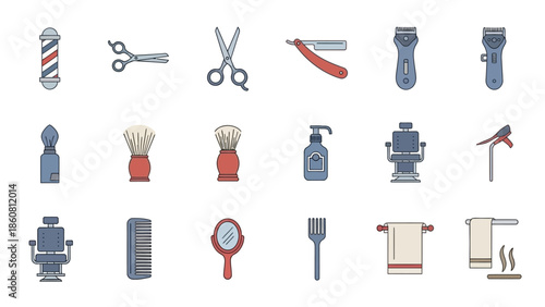 A Collection of Flat Design Icons Representing Barber Shop and Hair Salon Essentials