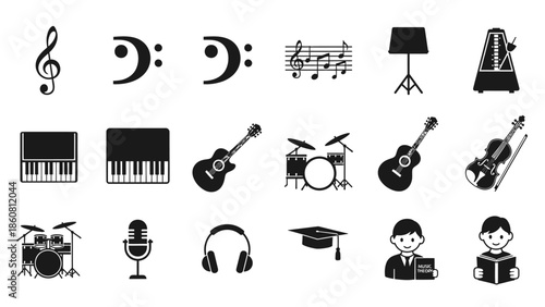 A collection of musical instruments and symbols in black and white iconography