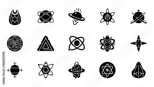 A collection of science and technology icons and symbols for design and illustration