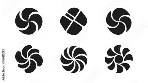 A collection of six stylized black abstract circular and petal-like icons arranged in two rows