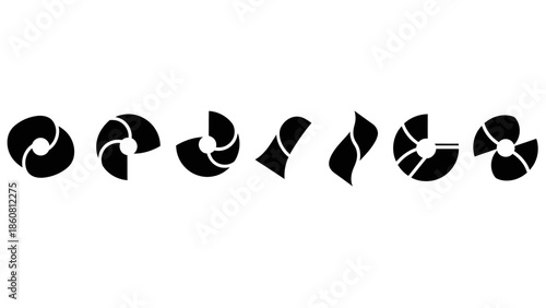Abstract Circular and Swirling Black Graphic Symbols on a White Background