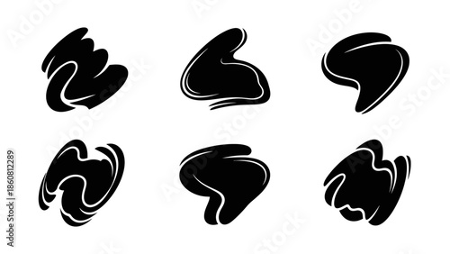 Abstract fluid shapes and blobs in black on a white background