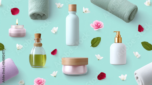 Spa essentials with rolled towels, glass bottles of oil, cream jars, and candle on pastel blue background, surrounded by pink and white flower petals creating calming atmosphere