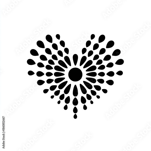 Black teardrop design arranged to form a heart shape with a central dot
