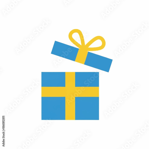 Blue gift box with yellow ribbon and cross design.