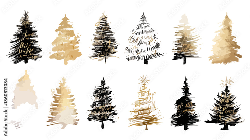 Obraz premium Eine Sammlung von stilisierten Weihnachtsbäumen in Schwarz und Gold, handgezeichnet im Aquarell-Stil, ideal für festliche Designs auf transparentem Hintergrund.