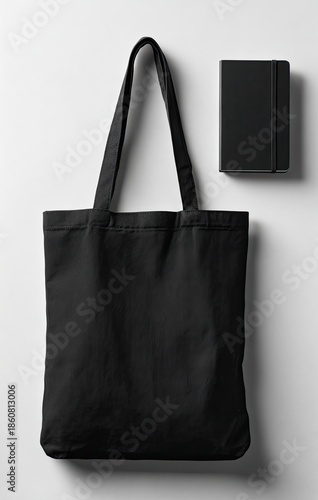 Black tote bag and notebook on white surface, overhead shot