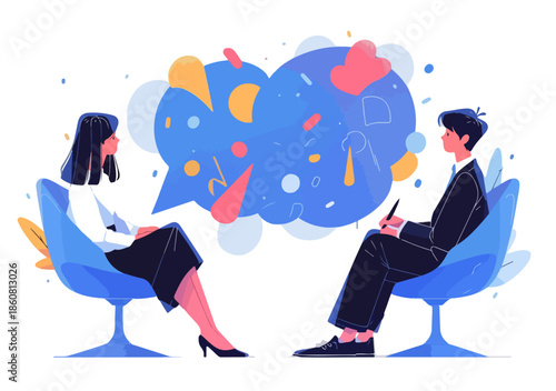 Moderne Vektorillustration einer Therapiesitzung oder Beratung, wo zwei Personen offen kommunizieren und Lösungen für Probleme finden.
