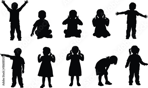 Children silhouette pose set flat vector illustration, kids standing sitting gestures collection isolated black white design for education concept use