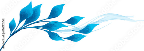 Stilisierter blauer Zweig mit Blättern und fließenden, transparenten Wellen, ideal für elegantes Grafikdesign und natürliche Konzepte.