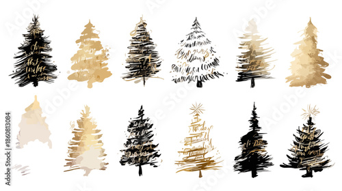 Eine Sammlung von stilisierten Weihnachtsbäumen in Schwarz und Gold, handgezeichnet im Aquarell-Stil, ideal für festliche Designs auf transparentem Hintergrund.