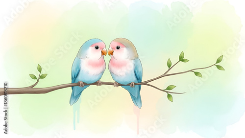 Love birds watercolor illustration of romantic couple parrots on branch expressing affection emotion for valentine celebration greeting card poster 