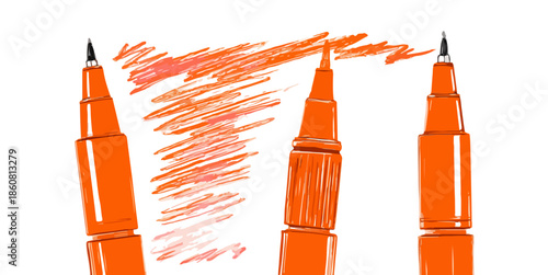 Drei leuchtend orangefarbene Filzstifte, einer davon zeichnet eine Skizze auf weißem, freigestelltem Hintergrund, perfekt für Kunst, Design und Bildung.
