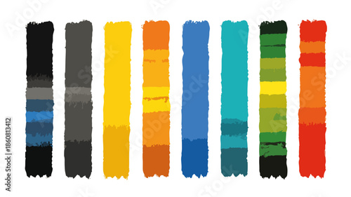 Acht handgemalte vertikale Farbstreifen mit Farbverläufen und Textur, perfekt als transparente Designelemente für kreative Projekte.