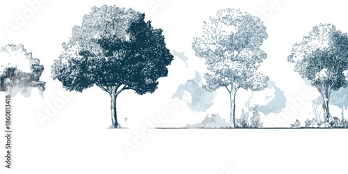 Illustrative Reihe von Bäumen in verschiedenen Größen und Formen, gezeichnet in Blau- und Grautönen auf transparentem Hintergrund, ideal für Natur- und Designprojekte.