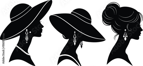 Elegant women silhouette vector illustration featuring vintage fashion profiles, stylish hats, jewelry details, black and white minimalist design for beauty and fashion branding