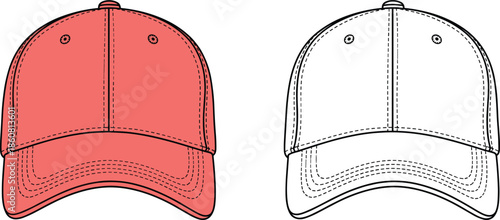 Front view of two baseball caps, red filled and outline version, casual headwear, cad drawing flat vector illustration, fashion concept