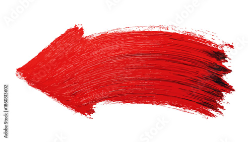 Leuchtend roter, handgemalter Pinselstrich als Pfeil nach links zeigend, isoliert auf weißem Hintergrund, ideal für grafische Elemente und Navigation.
