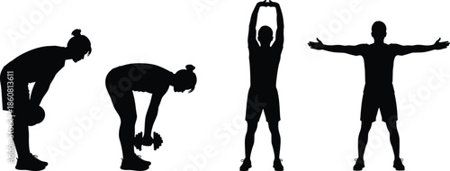 Fitness silhouette poses, people exercising with weights, stretching and warm-up movements, black vector art, workout routine, gym activity, health icon, graphic
