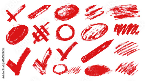 Handgezeichnete rote Kritzeleien, Häkchen, Kreuze und Kreise als vielseitige Designelemente mit Grunge-Textur, isoliert und transparent.