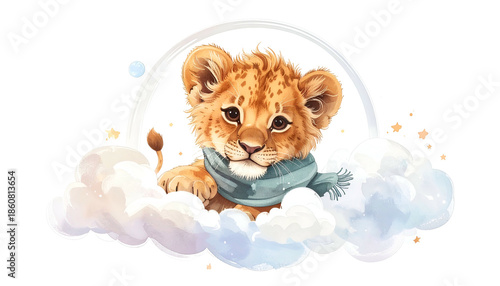 Adorable baby lion cub wearing a scarf, emerging from fluffy clouds under a soft rainbow