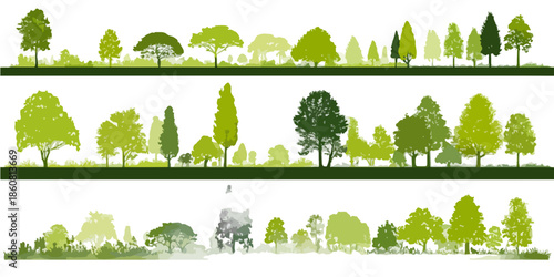 Drei horizontale Reihen grüner Baum- und Waldsilhouetten, darunter ein transparentes Wildtier, symbolisieren Natur und Wachstum.