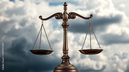 Bronze justice scales against a cloudy sky, embodying fairness and legal principles.